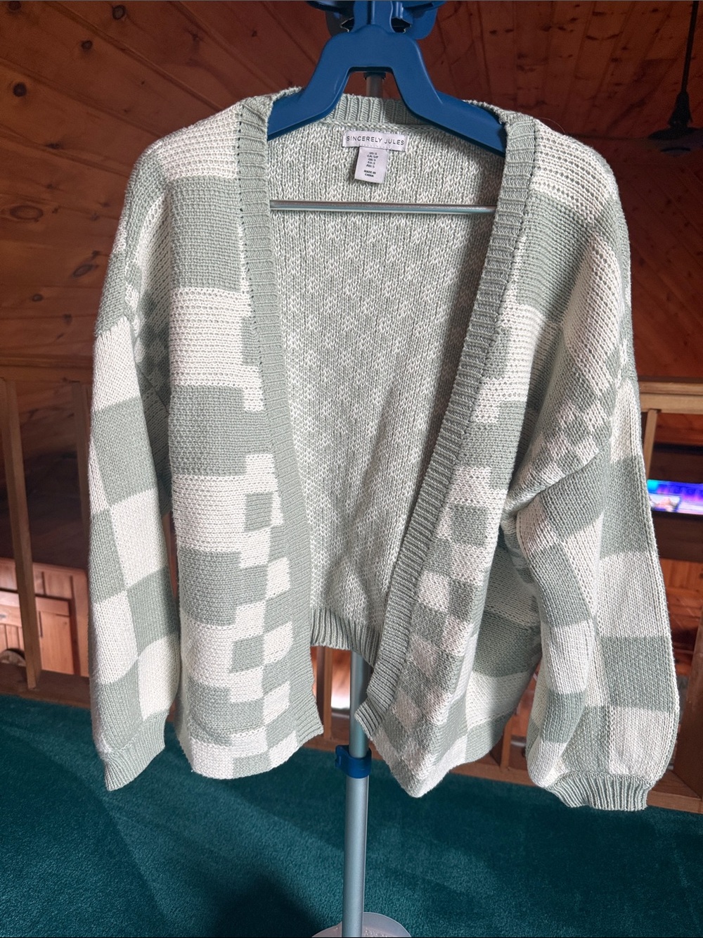 Sincerly Jules Sage & Cream Checker Open-Front Cardigan